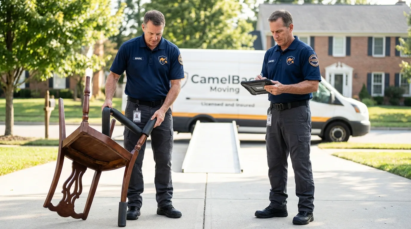 Movers inspecting furniture for damage prevention before loading in Centralia, WA